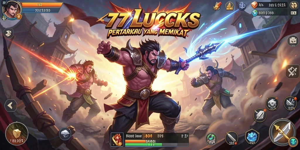Screenshot gameplay 77LUCKS menampilkan pertarungan seru antara karakter.