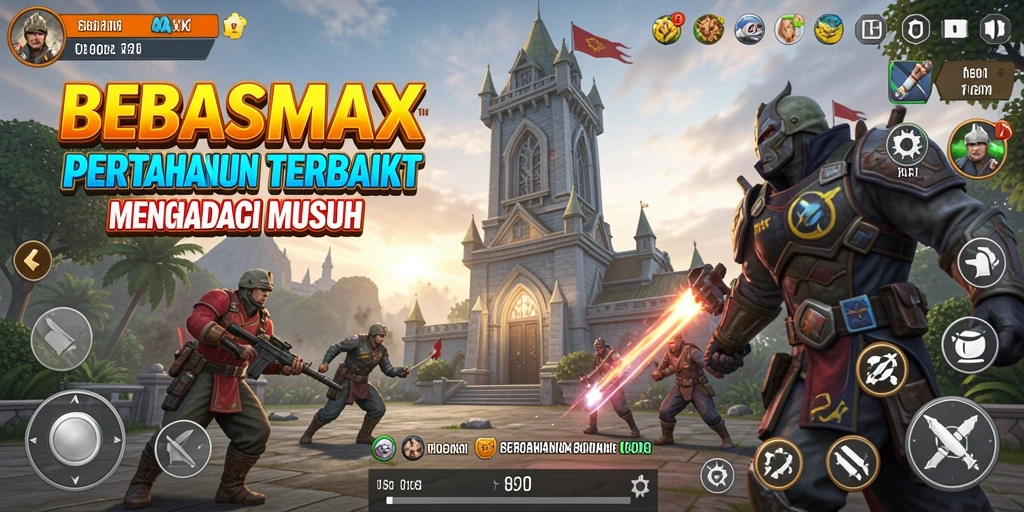 Screenshot utama BEBASMAX menampilkan aksi pertempuran menara yang mendebarkan.