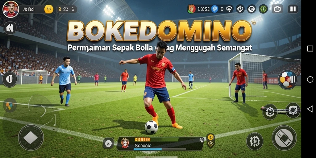 Screenshot utama BOKEDOMINO menampilkan aksi sepak bola dalam pertandingan yang seru.