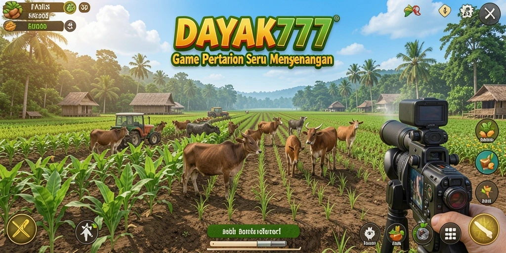 Tampilan gameplay DAYAK777 dengan ladang pertanian yang subur.