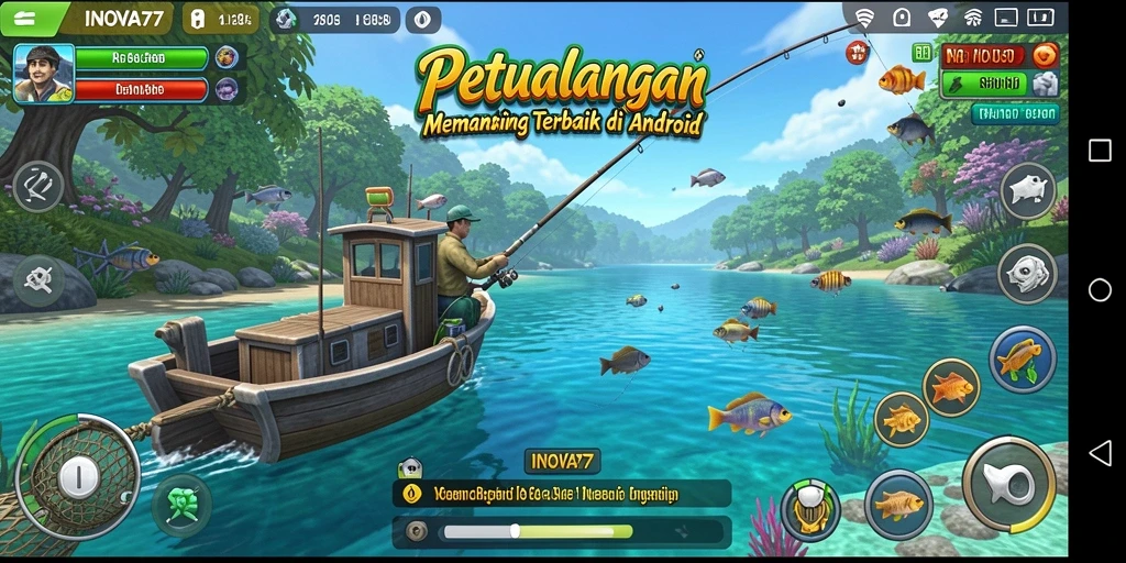 Tampilan gameplay menarik INOVA77 saat memancing di lokasi eksotis.