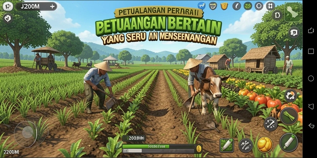 Screenshot gameplay J200M menampilkan aktivitas bertani yang seru.