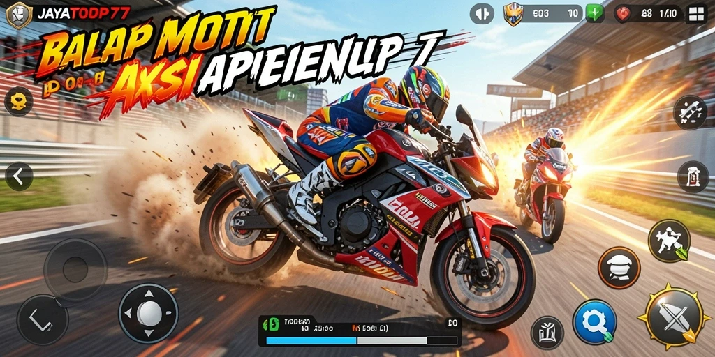 Screenshot gameplay JAYATOP77 menampilkan aksi balap motor yang mendebarkan.