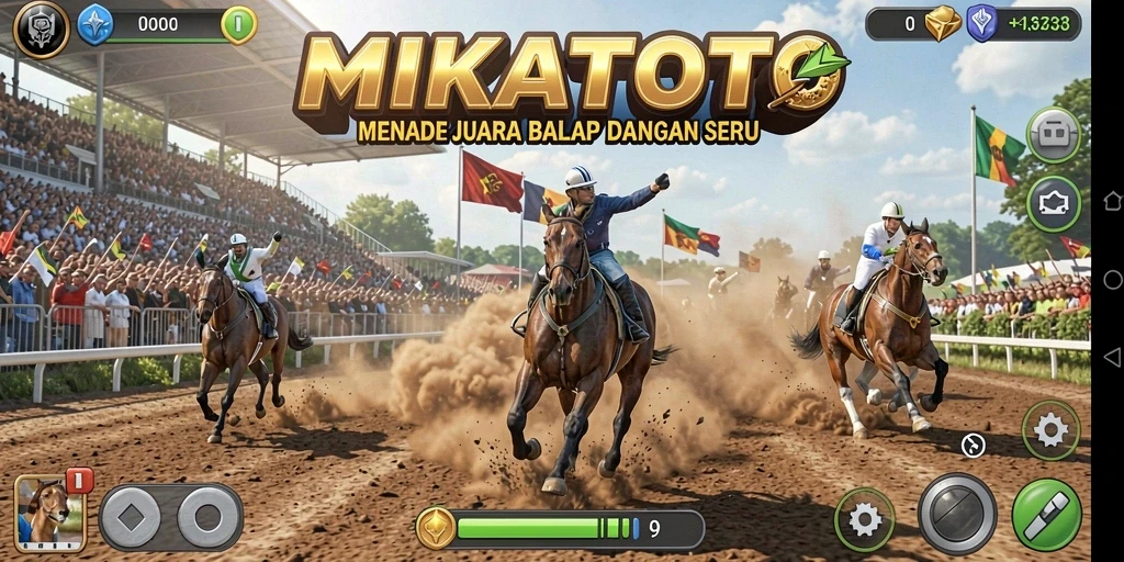 Screenshot utama MIKATOTO dengan aksi balapan yang mendebarkan.