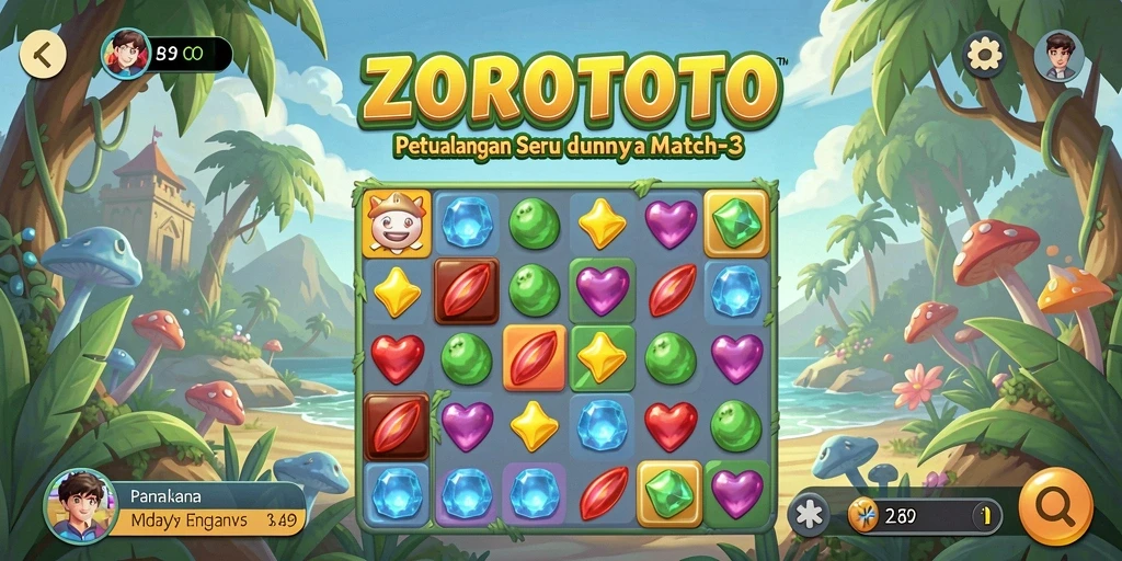 Screenshot gameplay ZOROTOTO menampilkan kombinasi objek berwarna-warni.